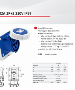 Ổ cắm điện cố định gắn nổi ngoài trời chống thấm nước và - 220V - 32A - 3 chân - IP67 - Typ1232